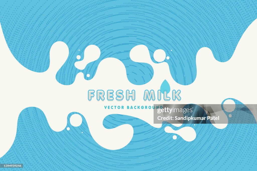 Modernes Poster frische Milch mit Spritzern auf hellblauem Hintergrund.