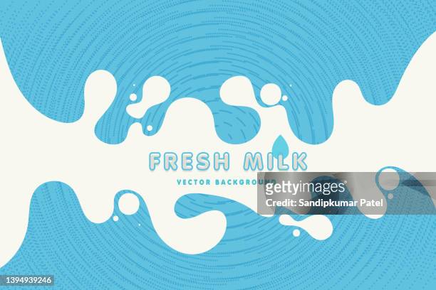illustrazioni stock, clip art, cartoni animati e icone di tendenza di moderno poster latte fresco con schizzi su sfondo azzurro. - color crema