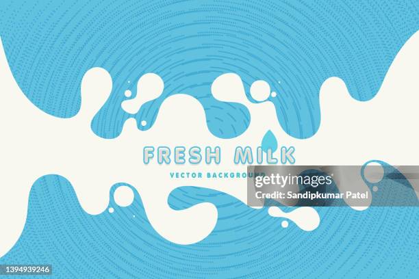 ilustrações, clipart, desenhos animados e ícones de leite fresco de pôster moderno com respingos em um fundo azul claro. - milk