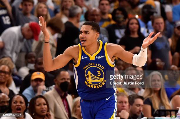Jordan Poole of the Golden State Warriors reacts against the Memphis Grizzlies during Game One of the Western Conference Semifinals of the NBA...