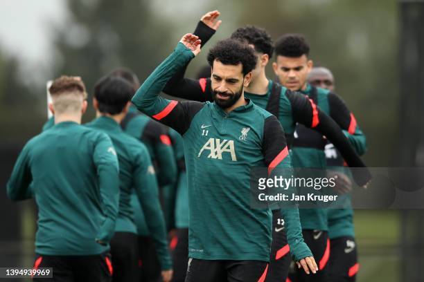Mohamed Salah of Liverpool trains during a Liverpool training session at AXA Training Centre on May 02, 2022 in Kirkby, England.