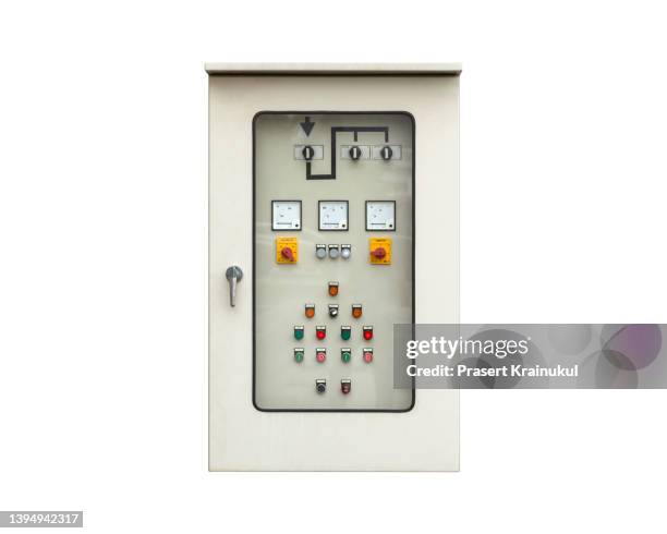electrical control cabinet with clipping path isolated on white background - electrical panel box fotografías e imágenes de stock