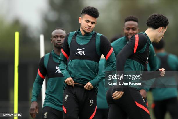 Luis Diaz of Liverpool trains during a Liverpool training session at AXA Training Centre on May 02, 2022 in Kirkby, England.
