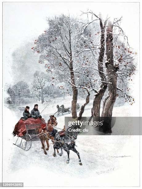 young couple in winter traveling with a sleigh carriage - livery stock illustrations