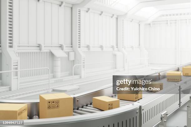 cardboard box on conveyor belt - conveyer belt fotografías e imágenes de stock