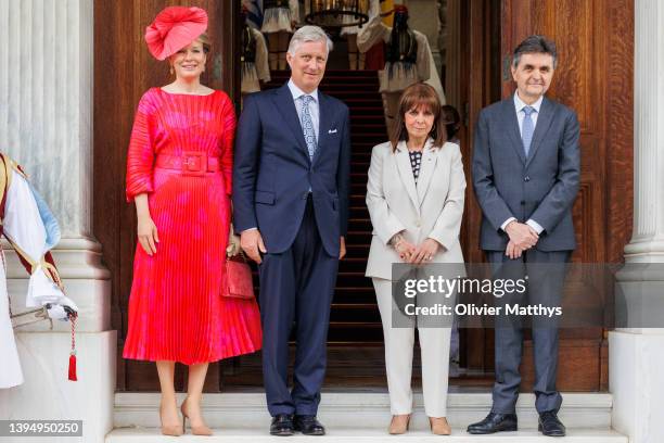 King Philippe and Queen Mathilde of Belgium are welcomed by President of Greece Katerina Sakellaropoulou and Mr Pavlos Kotsonis at the Presidential...