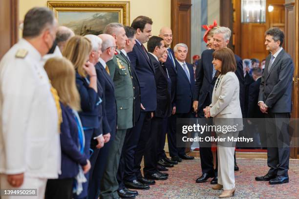 King Philippe of Belgium, Queen Mathilde, and President of Greece Katerina Sakellaropoulou are presented to ministers and delegation members of...