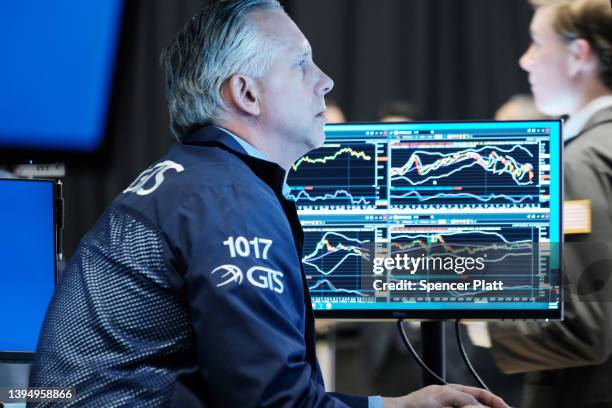 Traders work on the floor of the New York Stock Exchange on May 02, 2022 in New York City. After falling over 60 points on Friday, stocks were up...