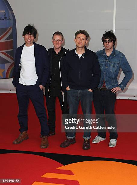 Alex James, Dave Rowntree, Damon Albarn and Graham Coxon of Blur attend The BRIT Awards 2012 at the O2 Arena on February 21, 2012 in London, England.