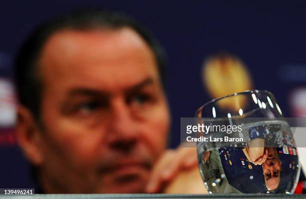 Head coach Huub Stevens looks on during a FC Schalke 04 press conference ahead of their UEFA Europa League round of 32 second leg match against FC...