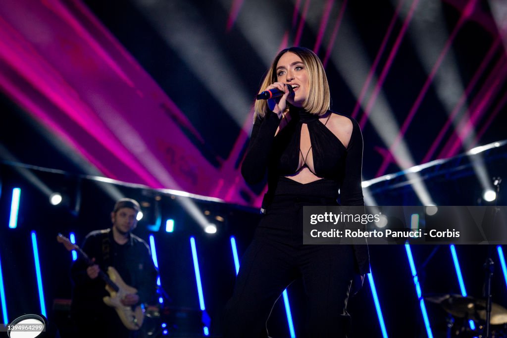 Mara Singer Italian singer Mara Sattei performs in concert on May 1, 2022 in ...