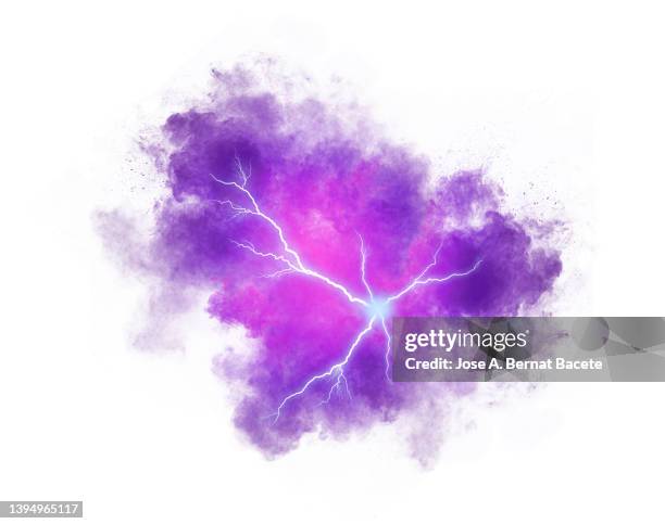 electric explosion with purple smoke and lightning on an white background. - choque elétrico - fotografias e filmes do acervo