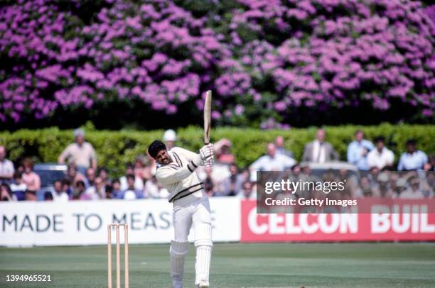 India batsman Kapil Dev hits out during his innings of 175 not out during the 1983 Cricket World Cup finals Match between India and Zimbabwe at...