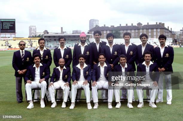 The India World Cup Winning squad pictured ahead of the 1983 Cricket World Cup group Match between India and West Indies at the Oval on June 15th,...