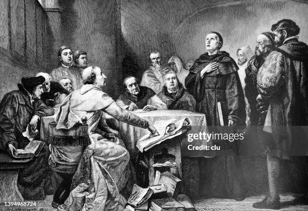 stockillustraties, clipart, cartoons en iconen met martin luther talking to cardinal cajetan in augsubrg, 1518 - geestelijken