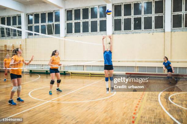 volleyballspielerin, die den ball spitzt - spiking stock-fotos und bilder