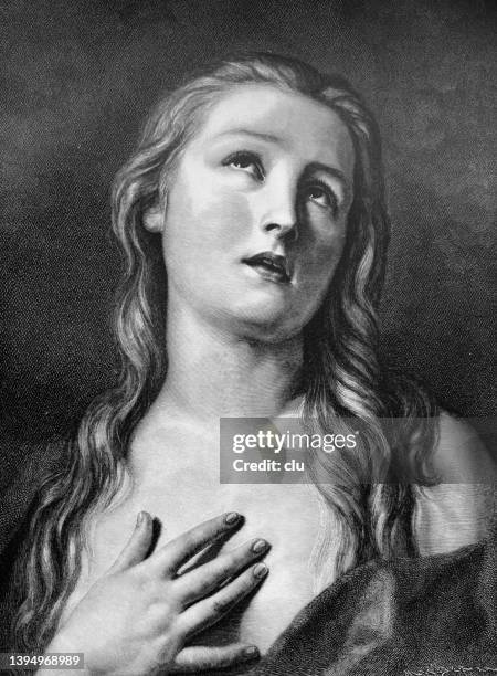 das heilige magdalena-porträt, lange haare, blick nach oben - religiöse darstellung stock-grafiken, -clipart, -cartoons und -symbole