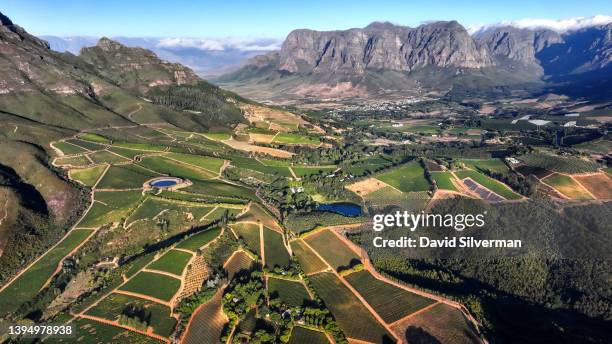 Harvest season aerial view of Rustenberg Winery vineyards and estate on the slopes of the Simonsberg Mountain, with the Drakenstein Mountain range in...