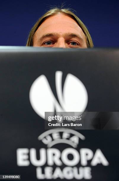 Goalkeeper Timo Hildebrand looks on during a FC Schalke 04 press conference ahead of their UEFA Europa League round of 32 second leg match against FC...