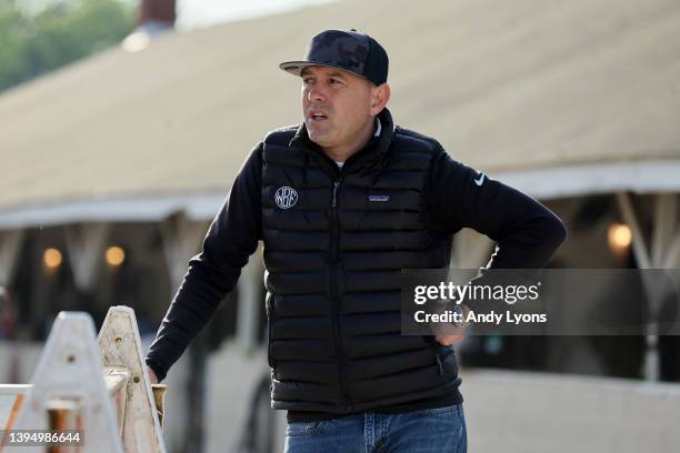 Chad Brown the trainer of Early Voting and Zandon during the morning training for the Kentucky Derby at Churchill Downs on May 02, 2022 in...