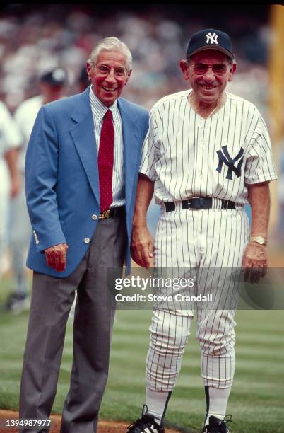 Yankee greats, Phil Rizzuto and Yogi Berra, during introductions at the Annual Old Timers Day at Yankee Stadium ,New York, NY, United States on June...