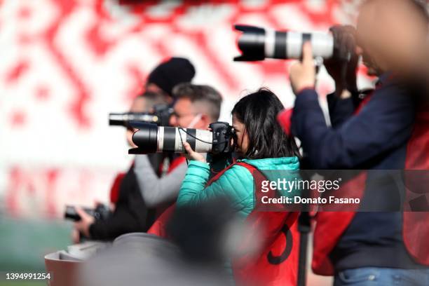 Photographer during the Serie C Supercup match between SSC Bari and Sudtirol Calcio at Stadio San Nicola on April 30, 2022 in Bari, Italy.