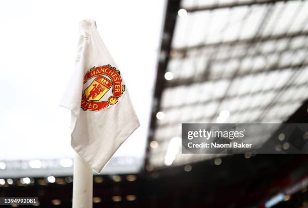 General view of a Manchester United branded corner flag on the inside of Old Trafford prior to kick off of the Premier League match between...