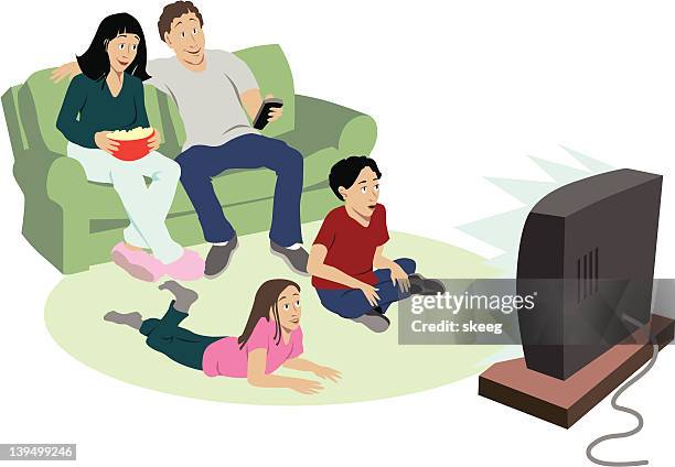 stockillustraties, clipart, cartoons en iconen met cartoon of family of four watching television  - televisie kijken