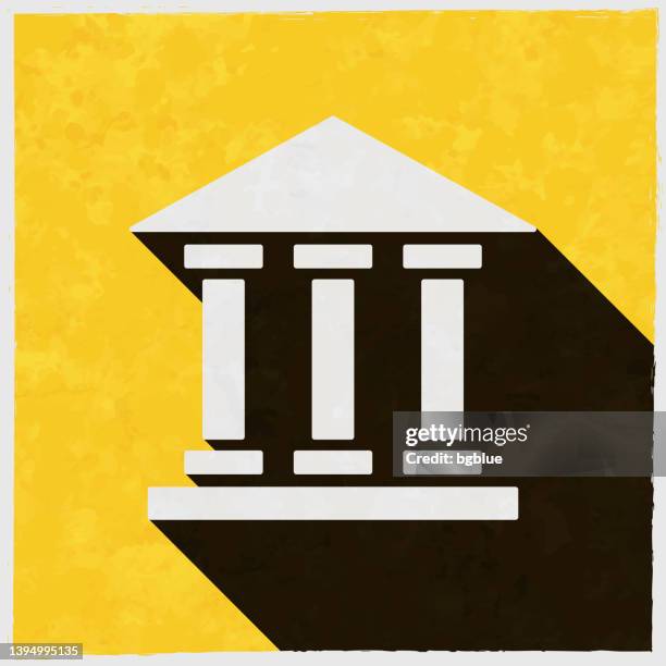 bank, courthouse, museum. icon with long shadow on textured yellow background - banking sign stock illustrations