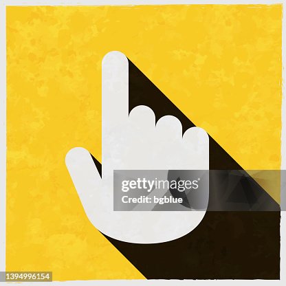 Hand cursor - pointer. Icon with long shadow on textured yellow background Hand cursor - pointer. Icon with long shadow on textured yellow background