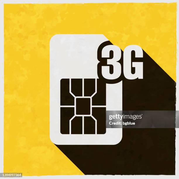 3g sim card. icon with long shadow on textured yellow background - third generation technology stock illustrations