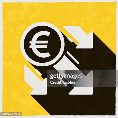 Euro decrease. Icon with long shadow on textured yellow background Euro decrease. Icon with long shadow on textured yellow background
