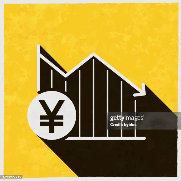 declining graph with yen coin. icon with long shadow on textured yellow background - copper texture background stock illustrations