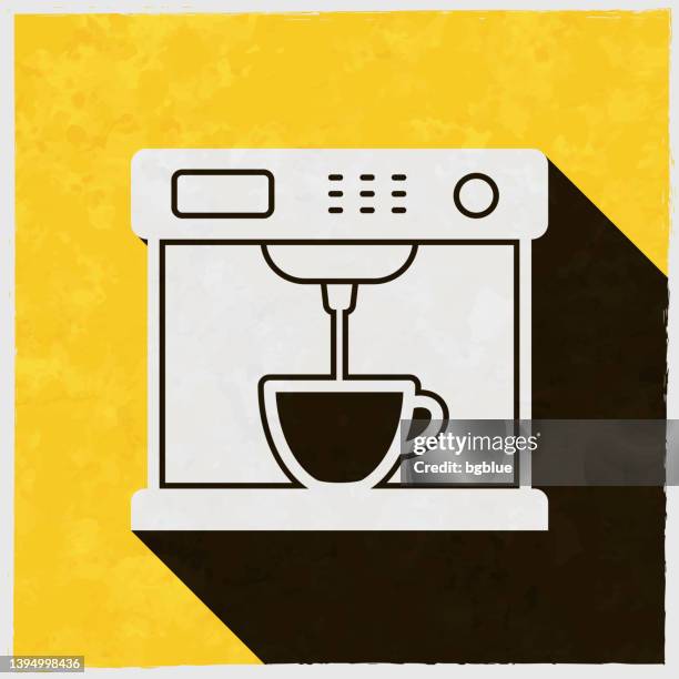 coffee machine. icon with long shadow on textured yellow background - single serve coffee maker stock illustrations