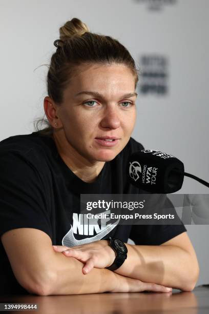 Simona Halep of Romania attends her press conference during the Mutua Madrid Open 2022 celebrated at La Caja Magica on May 02 in Madrid, Spain.