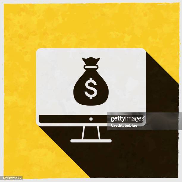 desktop computer with money bag. icon with long shadow on textured yellow background - tv screen texture stock illustrations