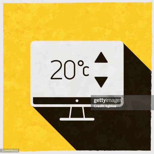 desktop computer with heating control. icon with long shadow on textured yellow background - desktop screen background stock illustrations
