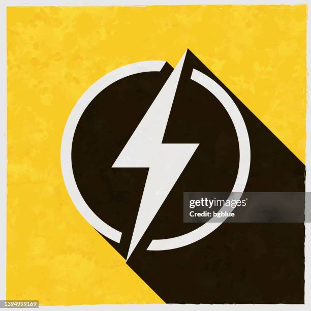 power - lightning. icon with long shadow on textured yellow background - strength logo stock illustrations