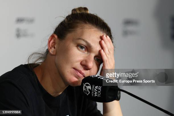 Simona Halep of Romania attends her press conference during the Mutua Madrid Open 2022 celebrated at La Caja Magica on May 02 in Madrid, Spain.