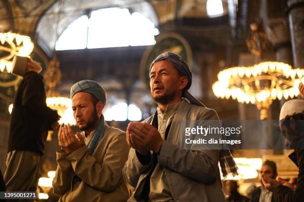 Worshippers gather and pray at the Hagia Sophia mosque on May 2, 2022 in Istanbul, Turkey.The 6th-century building in Turkey's largest city held its...