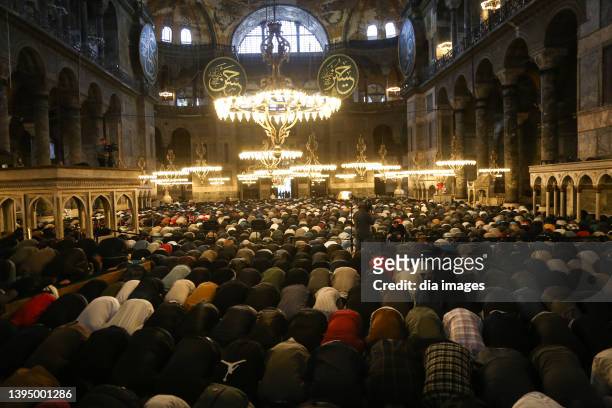 Worshippers gather and pray at the Hagia Sophia mosque on May 2, 2022 in Istanbul, Turkey.The 6th-century building in Turkey's largest city held its...