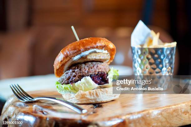 large hamburger with caramelised red onion and french fried - nobody burger colour image not illustration stock pictures, royalty-free photos & images