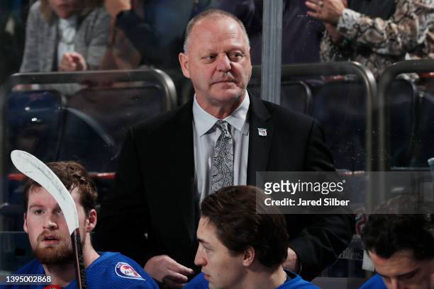 Head coach Gerard Gallant of the New York Rangers looks on from the bench prior to the game against the Montreal Canadiens at Madison Square Garden...