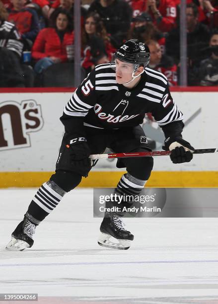 Nolan Foote of the New Jersey Devils skates against the Detroit Red Wings during the game at Prudential Center on April 29, 2022 in Newark, New...