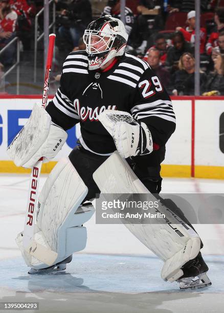 Mackenzie Blackwood of the New Jersey Devils defends his net against the Detroit Red Wings during the game at Prudential Center on April 29, 2022 in...