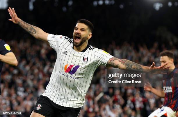 Aleksandar Mitrovic of Fulham celebrates scoring their side's seventh goal during the Sky Bet Championship match between Fulham and Luton Town at...