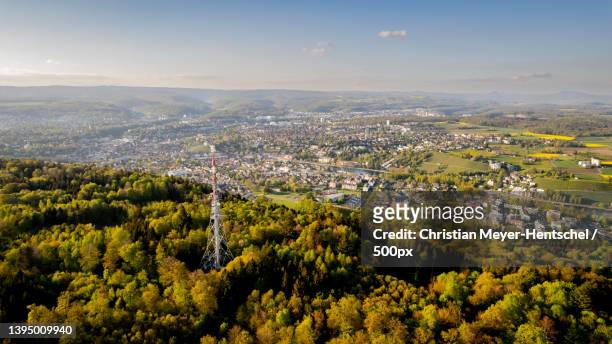 high angle view of townscape against sky,switzerland - wald frühling stock pictures, royalty-free photos & images