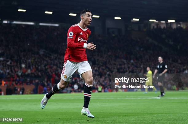 Cristiano Ronaldo of Manchester United celebrates scoring their side's second goal, which is disallowed for offside, during the Premier League match...