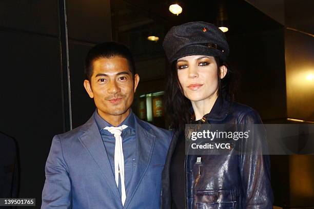 Actor Aaron Kwok and singer Skylar Grey attend G-Star RAW store opening ceremony at Leighton Centre on February 21, 2012 in Hong Kong, Hong Kong.