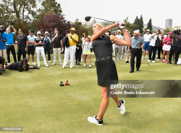 Alissa Kacar tees off at George Lopez Foundation's 15th annual celebrity golf tournament at Lakeside Golf Club on May 02, 2022 in Toluca Lake,...